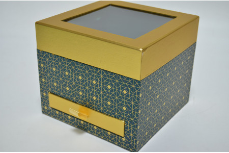 Коробка подарочная с прозрачной крышкой и ящичком 19см*19см*16,5см изумруд (6880)
