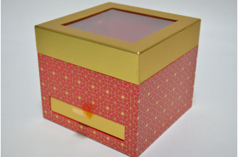 Коробка подарочная с прозрачной крышкой и ящичком 19см*19см*16,5см красная (6873)