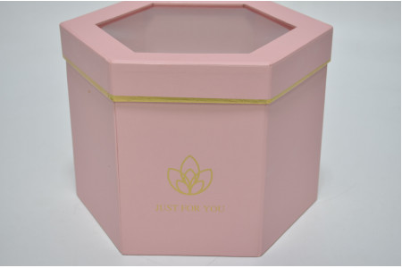 Коробка подарочная с прозрачной крышкой "Шестигранник" 23см*20см*16,5см розовая (6910)