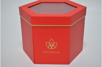 Коробка подарочная с прозрачной крышкой "Шестигранник" 23см*20см*16,5см красная (6927)